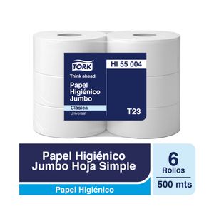 Papel Higiénico Jumbo Tork - 6 Rollos De 500 Metros c/u por Paquete